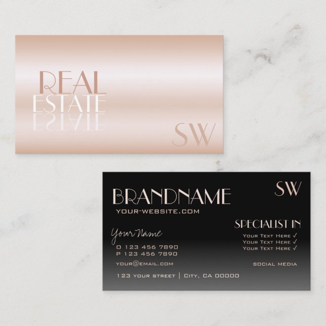 Elegant Rose Gold Black Mirror Font with Monogram Business Card (Front/Back)