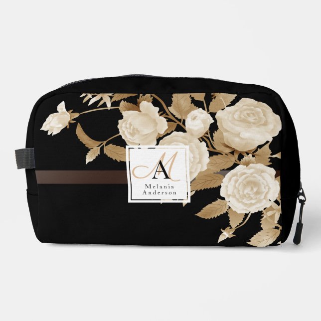 Elegant Rose Gold Black Monogram Dopp Kit (Front)