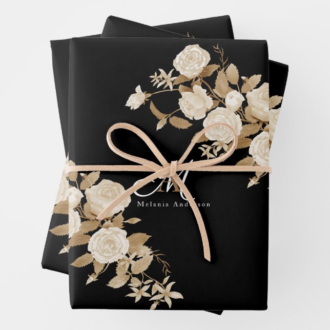 Elegant Rose Gold Black Monogram Wrapping Paper Sheet (In situ)