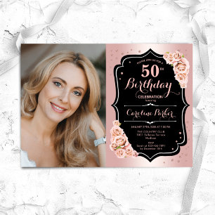 Elegant Rose Gold Black Photo 50th Birthday Invitation