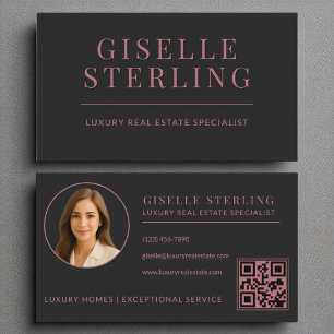 Elegant Rose Gold Black Real Estate Agent QR Code Business Card