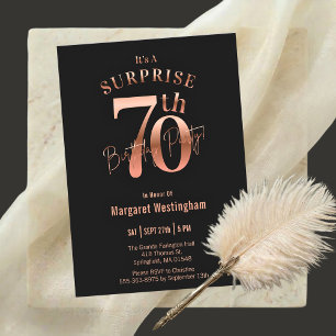 Elegant Rose Gold Black Surprise 70th Birthday Invitation