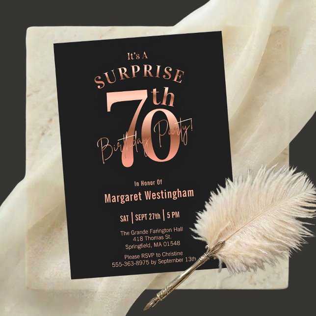 Elegant Rose Gold Black Surprise 70th Birthday Invitation (Creator Uploaded)