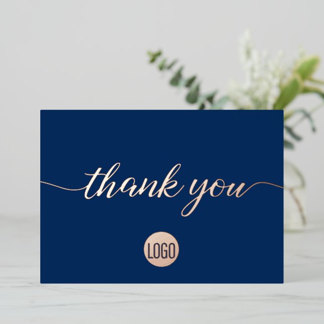Elegant Rose Gold Blue Business Thank you  Foil Holiday Card (Standing Front)
