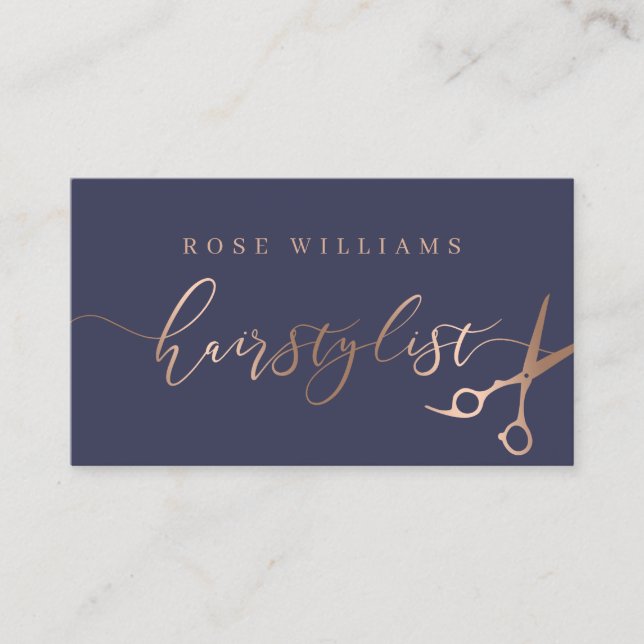 Elegant rose gold & blue scissors hairstylist business card (Front)