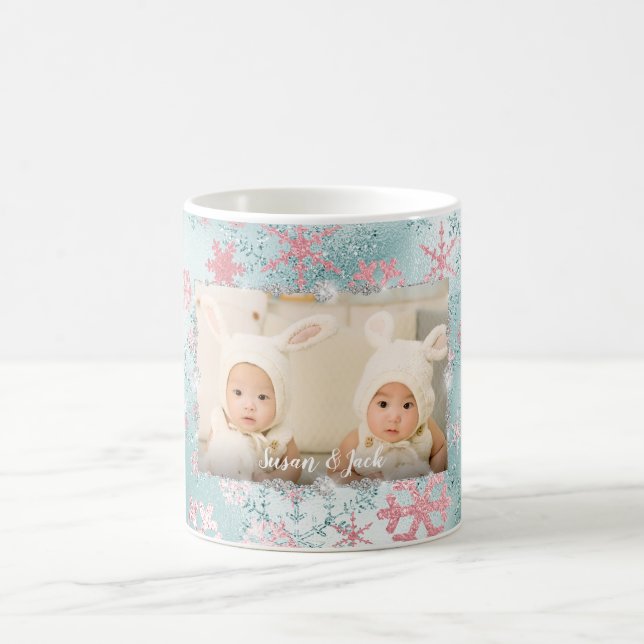 Elegant rose gold blue snowflakes custom photo coffee mug (Center)