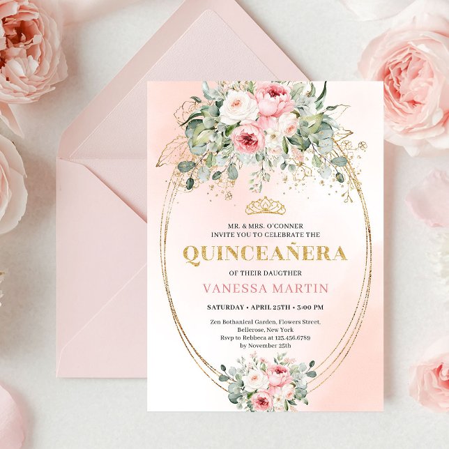 Elegant Rose Gold Blush Boho Quinceañera Invitatio Invitation (Elegant Rose Gold Blush Boho Quinceañera Invitation)