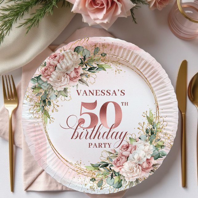 Elegant Rose Gold Blush Floral 50th Birthday Party Paper Plate (Elegant Rose Gold Blush Floral 50th Birthday Party Paper Plates

)