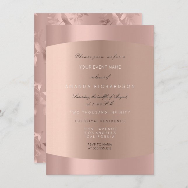 Elegant Rose Gold Blush Humming-bird Floral Formal Invitation (Front/Back)
