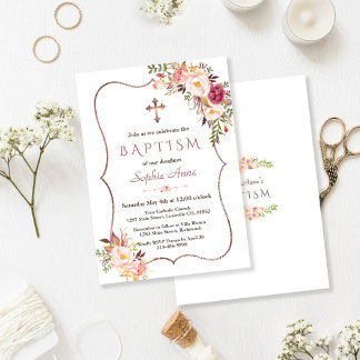 Elegant Rose Gold Blush Pink Floral Baptism Invitation