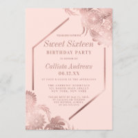 Elegant Rose Gold Blush Pink Floral Frame Sweet 16