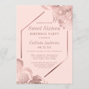 Elegant Rose Gold Blush Pink Floral Frame Sweet 16 Invitation