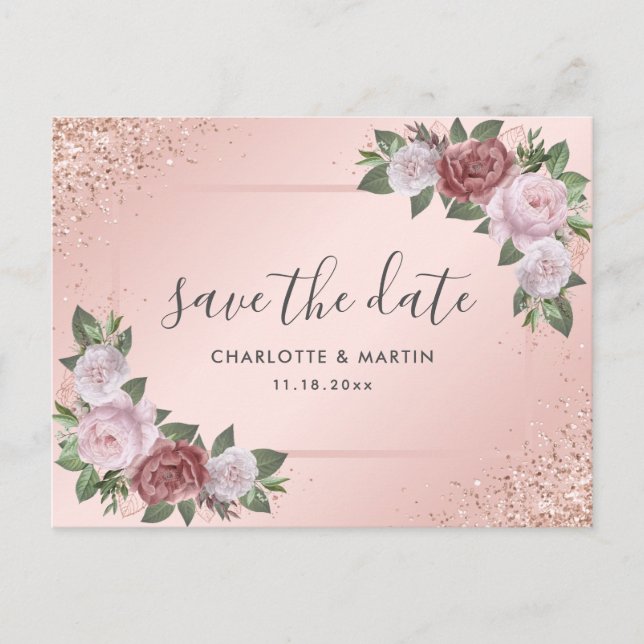 Elegant Rose Gold Blush Pink Floral Wedding Announcement Postcard (Front)