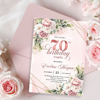 Elegant Rose Gold Bohemian Floral 70th Birthday   Invitation