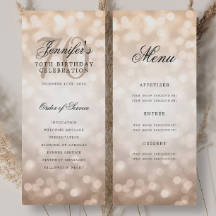 Elegant Rose Gold Bokeh 70th Birthday Program Menu