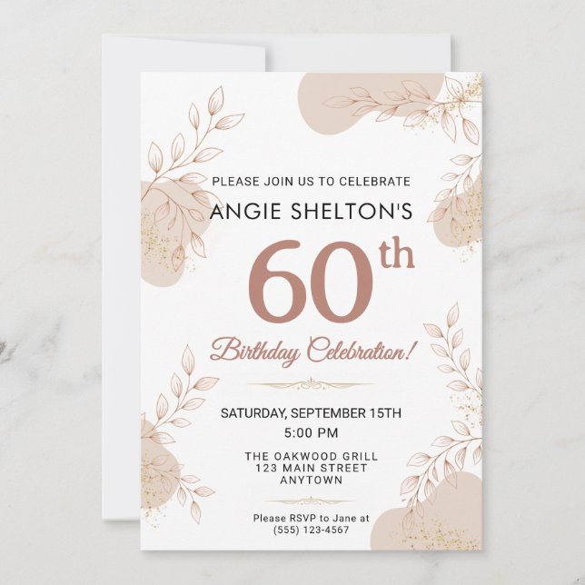 Elegant Rose Gold Botanical 60th Birthday Invitation (Front)