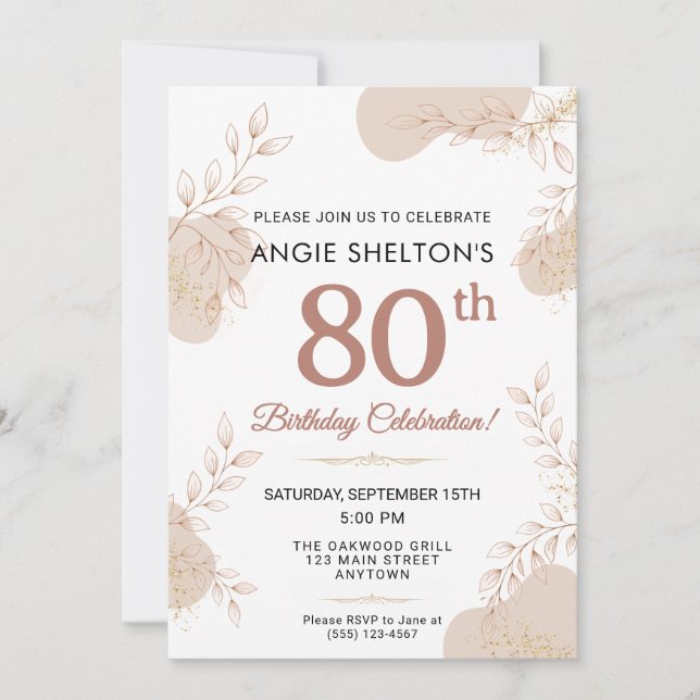 Elegant Rose Gold Botanical 80th Birthday Invitation (Front)