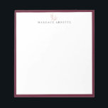 Elegant Rose Gold Botanical Branch Bordeaux Frame Notepad<br><div class="desc">Elegant rose gold line art botanical branch logo with Bordeaux burgundy frame,  personalised with name,  notepad.  Text font style and colour can be customised.</div>