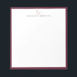 Elegant Rose Gold Botanical Branch Bordeaux Frame Notepad<br><div class="desc">Elegant rose gold line art botanical branch logo with Bordeaux burgundy frame,  personalised with name,  notepad.  Text font style and colour can be customised.</div>