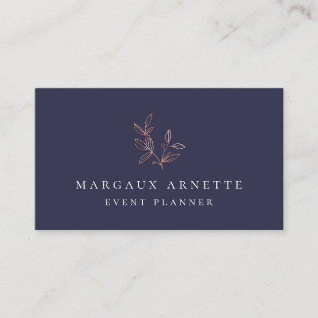 Elegant Rose Gold Botanical Logo Blue Business Card (Front)