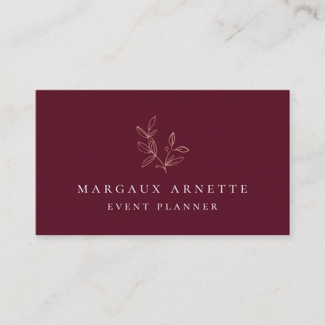 Elegant Rose Gold Botanical Logo Bordeaux Business Card (Front)