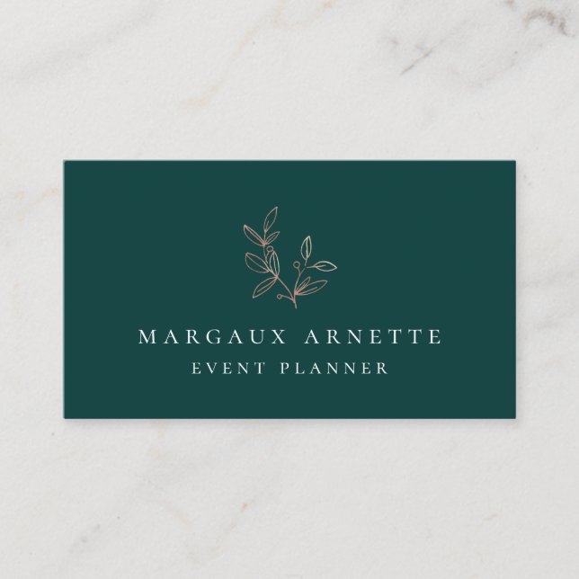 Elegant Rose Gold Botanical Logo Teal Business Card (Front)