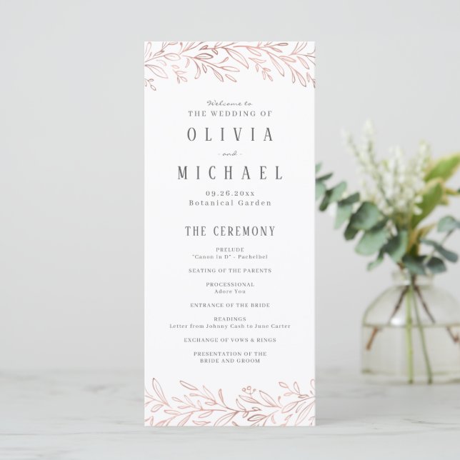 Elegant rose gold botanical wedding program (Standing Front)