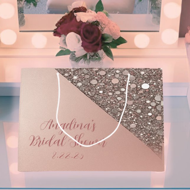 Elegant Rose Gold Bridal Shower Large Gift Bag (Elegant rose gold bridal gift bag styled on a vanity with soft blush glow and custom event text.)