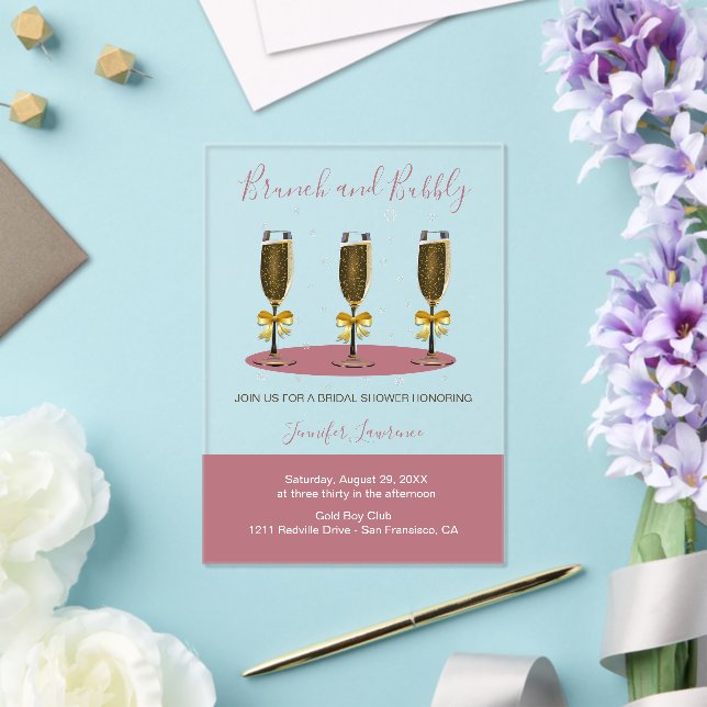 Elegant Rose Gold Brunch and Bubbly Bridal Shower Acrylic Invitations (Insitu (Wedding))