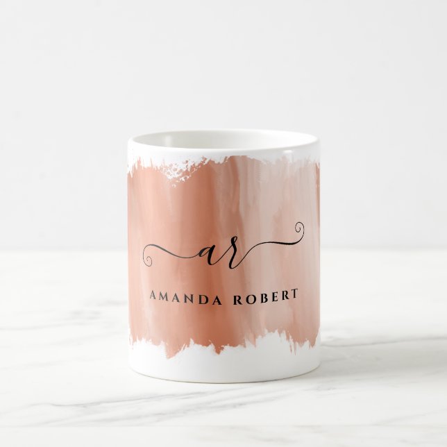 Elegant Rose Gold Brush Stroke Monogrammed Coffee Mug (Center)