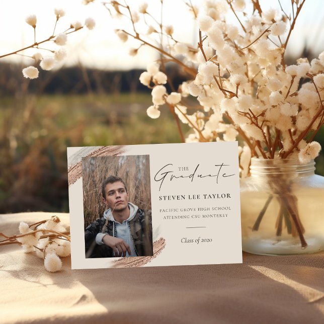 Elegant Rose Gold Brush Stroke Photo Graduation Invitation (Creator Uploaded)