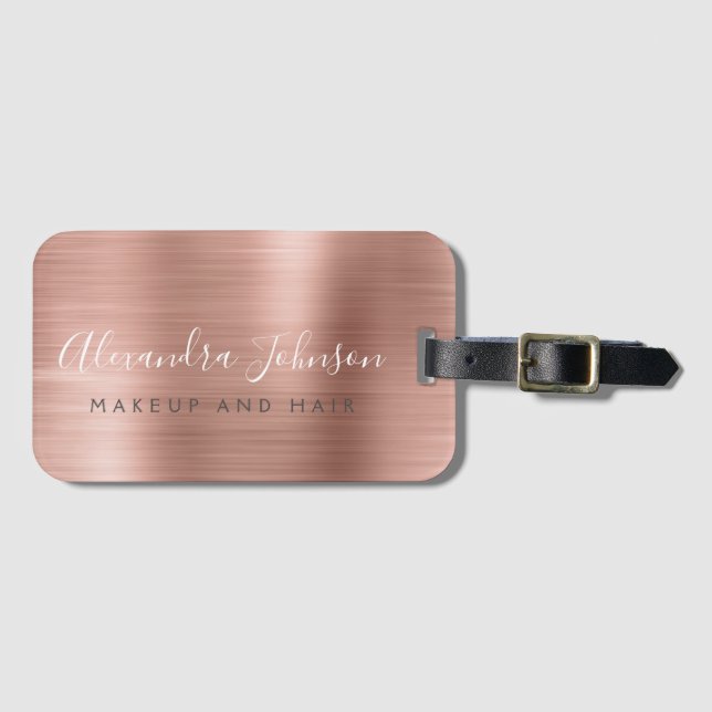 Elegant Rose Gold Brushed Metal Monogram Name Luggage Tag (Front Horizontal)