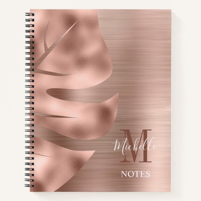 Elegant Rose Gold Brushed Metal Monogram Notebook (Front)