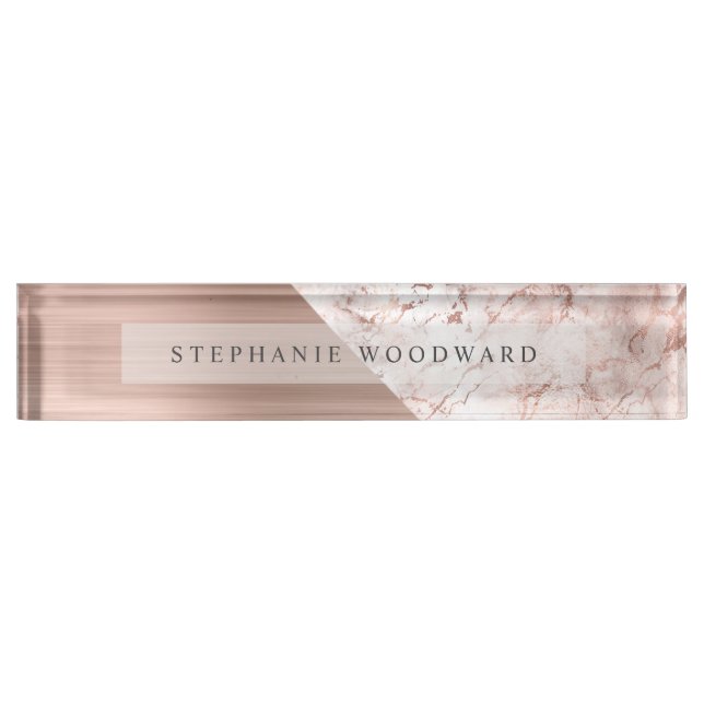 Elegant Rose Gold Brushed Metal Pink Marble Nameplate (Front)