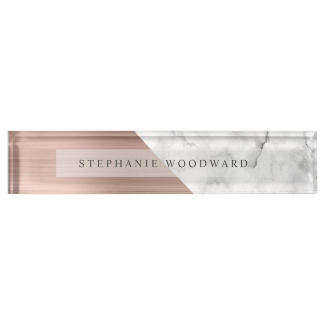 Elegant Rose Gold Brushed Metal White Marble Nameplate (Front)