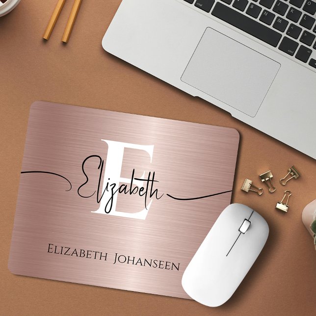 Elegant Rose Gold Brushed Metal White Monogrammed Mouse Pad (Creator Uploaded)