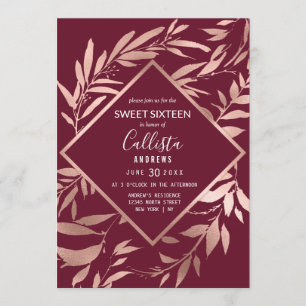 Elegant Rose Gold Burgundy Floral Leaves Sweet 16 Invitation
