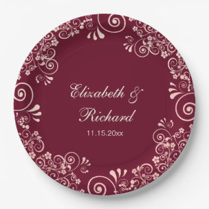 Elegant Rose Gold  Burgundy Floral Swirls Wedding Paper Plate