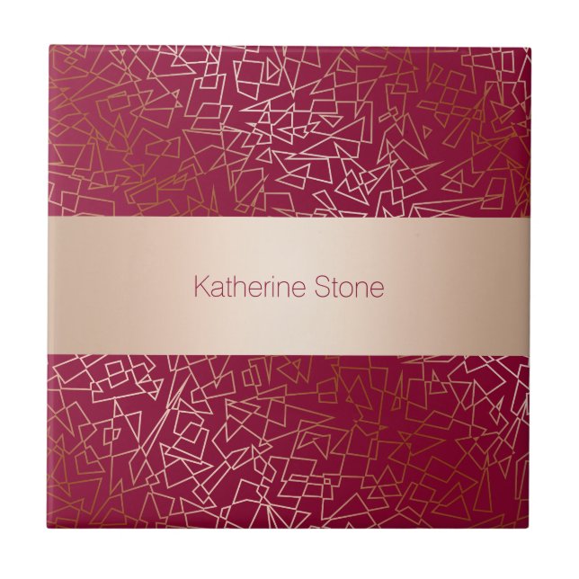 Elegant rose gold & burgundy geometric pattern ceramic tile (Front)