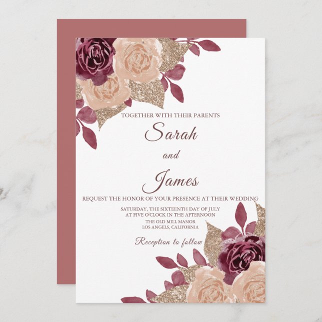 Elegant Rose Gold Burgundy Glitter Floral Wedding Invitation (Front/Back)