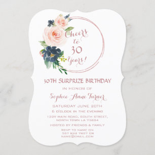 Elegant Rose Gold Bush Blue Flowers 30th Birthday Invitation
