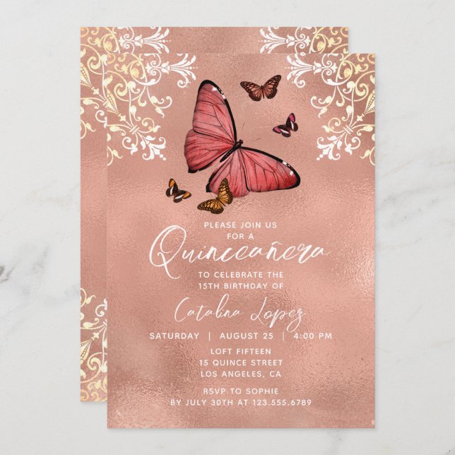Elegant Rose Gold Butterfly Floral Quinceañera Invitation (Front/Back)