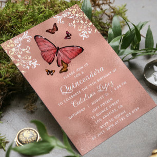 Elegant Rose Gold Butterfly Floral Quinceañera Invitation