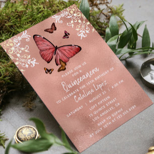 Elegant Rose Gold Butterfly Floral Quinceañera Invitation