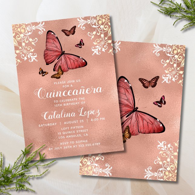 Elegant Rose Gold Butterfly Floral Quinceañera Invitation (Creator Uploaded)