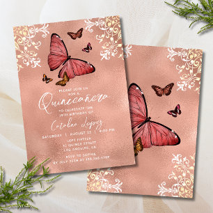 Elegant Rose Gold Butterfly Floral Quinceañera Invitation