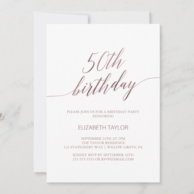 Elegant Rose Gold Calligraphy 50th Birthday Invitation (Front)