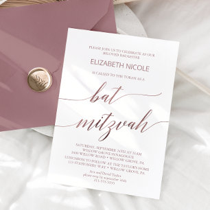 Elegant Rose Gold Calligraphy Bat Mitzvah Invitation