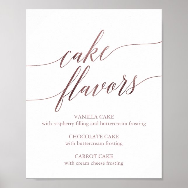 Elegant Rose Gold Calligraphy Cake Flavours Sign (Front)