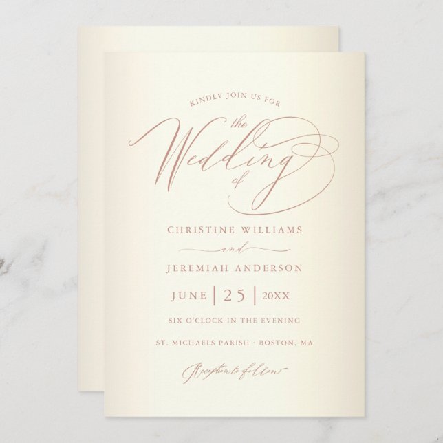 Elegant Rose Gold Calligraphy Champagne Wedding Invitation (Front/Back)
